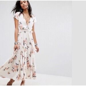 Free People All I Got Floral Printed Maxi Dress Ivory Pink Boho Cottage Core "6"